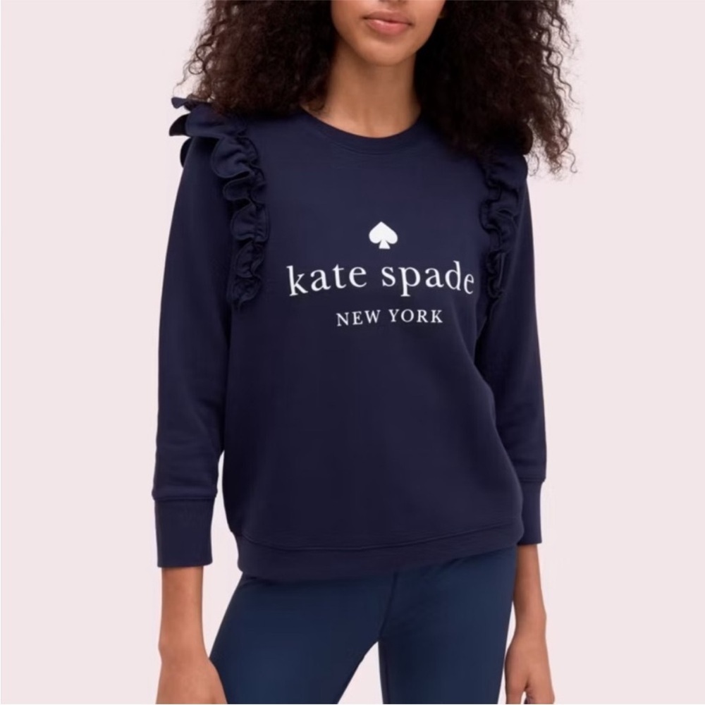 Kate Spade Scallop Signature Logo Ruffled Sweatshirt In Navy Blue Sz M NEW